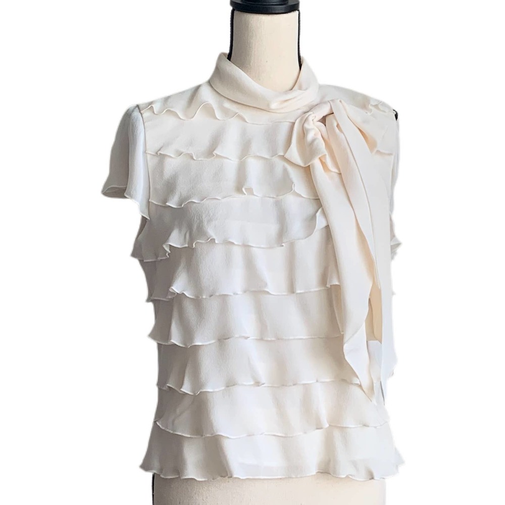NWT Randolph Duke The Look Cream Ruffled Silk Sleeveless Blouse with Bow 12